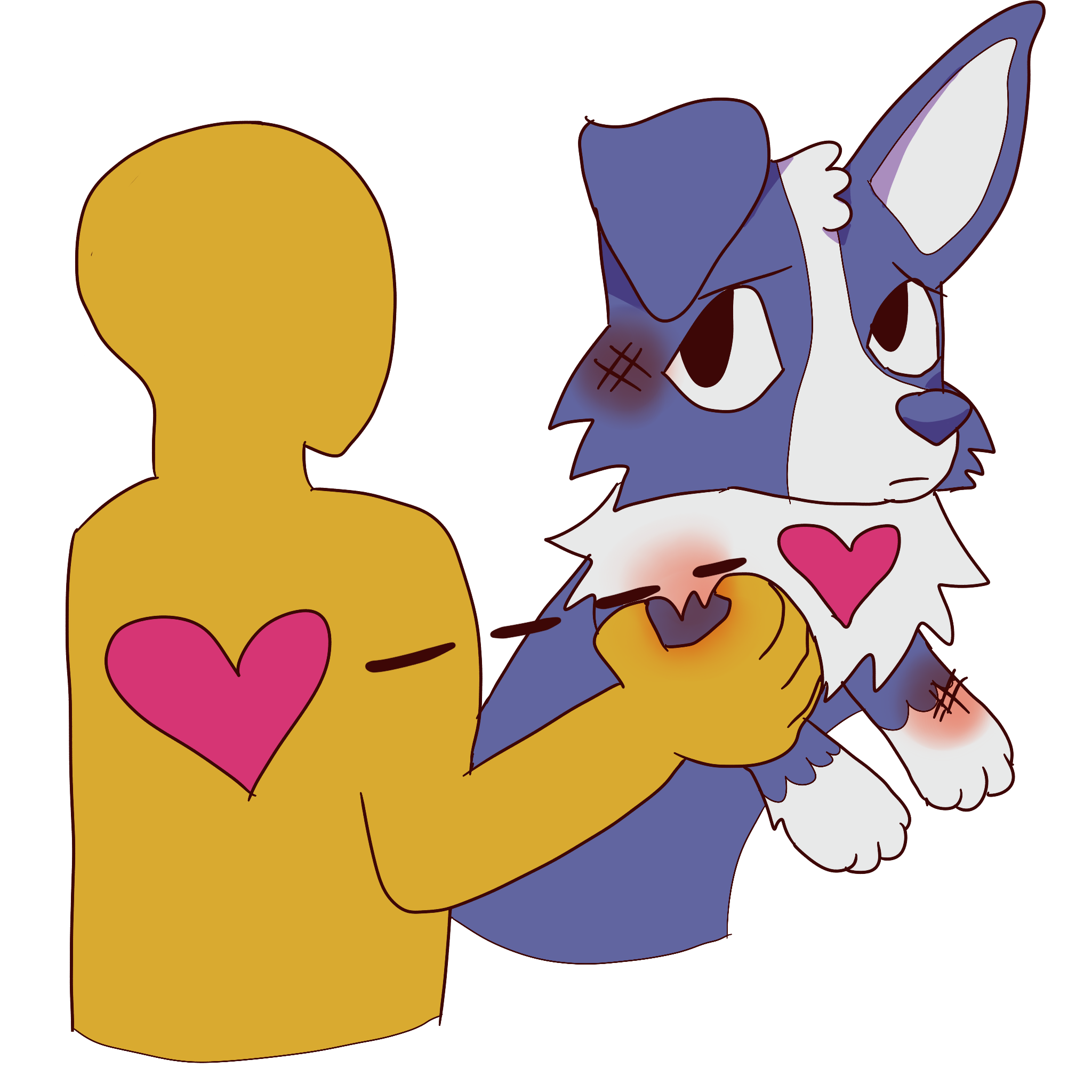  yellow figure with a pink heart grabbing a blue beat up dog by the leg. the dog also has a pink heart and a dashed line connects the hearts